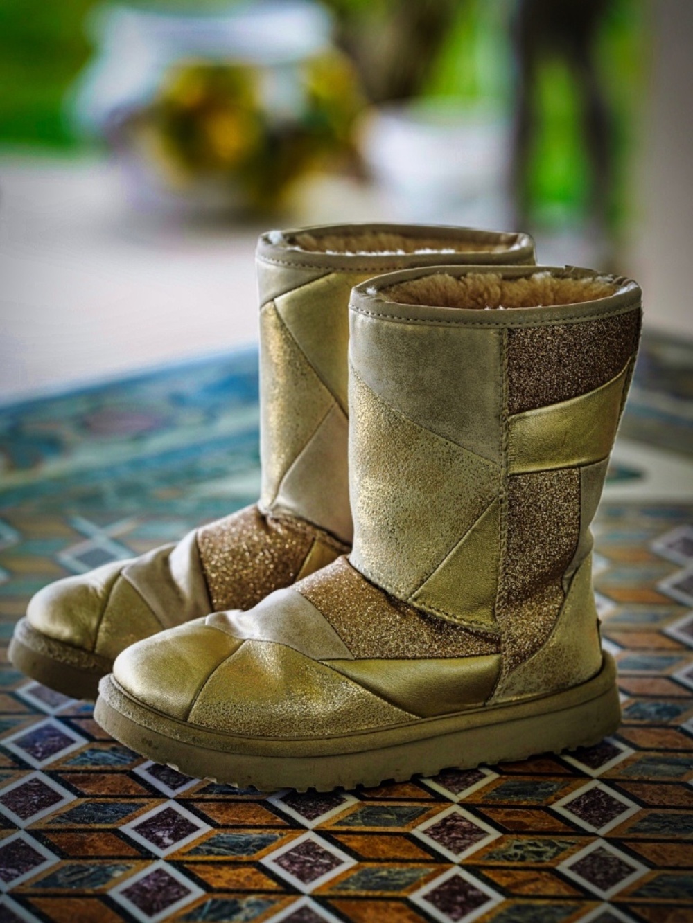 UGG Classic Short II Gold Glitter Patchwork Boots - Size 7